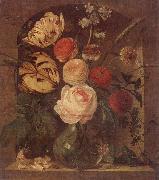 Still life of various flowers in a glass vase,set in a niche unknow artist